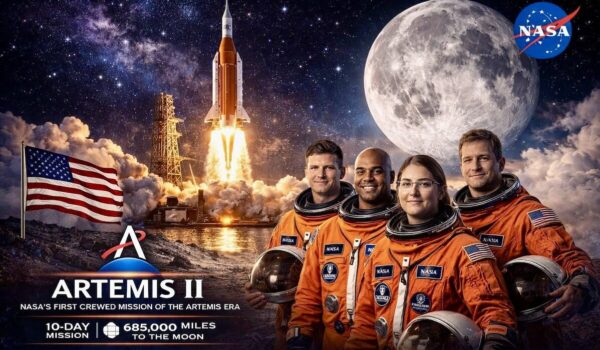 Artemis II crew with NASA rocket launching toward the Moon