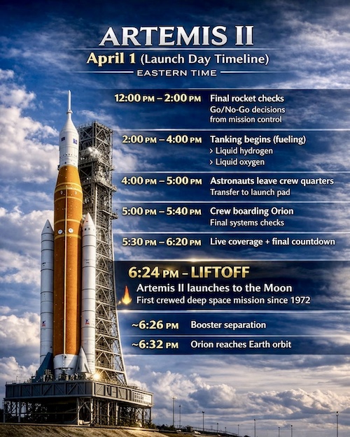 Artemis II launch day timeline and mission schedule