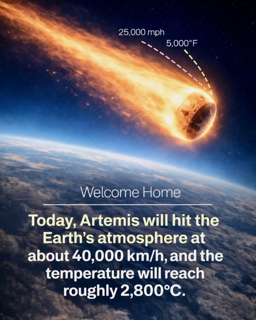 Artemis II Orion spacecraft Integrity reentering Earth's atmosphere at high speed