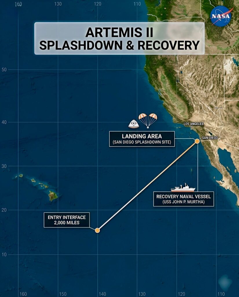 Artemis II return from the moon splashdown and recover in the pacific ocean, just off San Diego, California, USA.